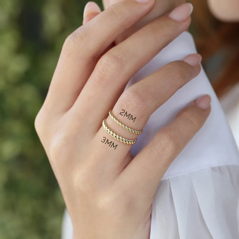 14K Solid Gold 2mm Twisted Rope Stackable Wedding Band Ring