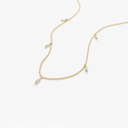 14K Solid Gold Marquise Diamond 5 Stone Dangling Necklace Prong Setting 0.36ctw