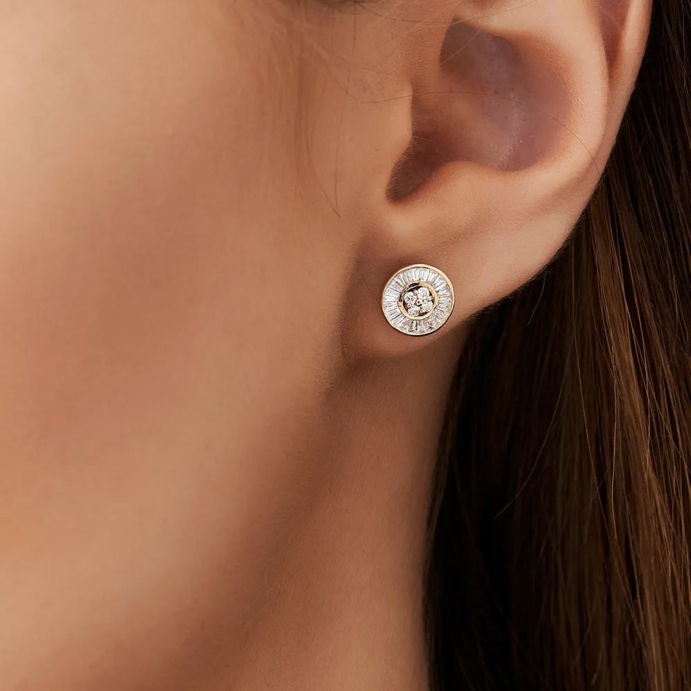 14k Gold Diamond Baguette and Round Cut Disc Stud Earrings Channel Setting 0.55 ctw