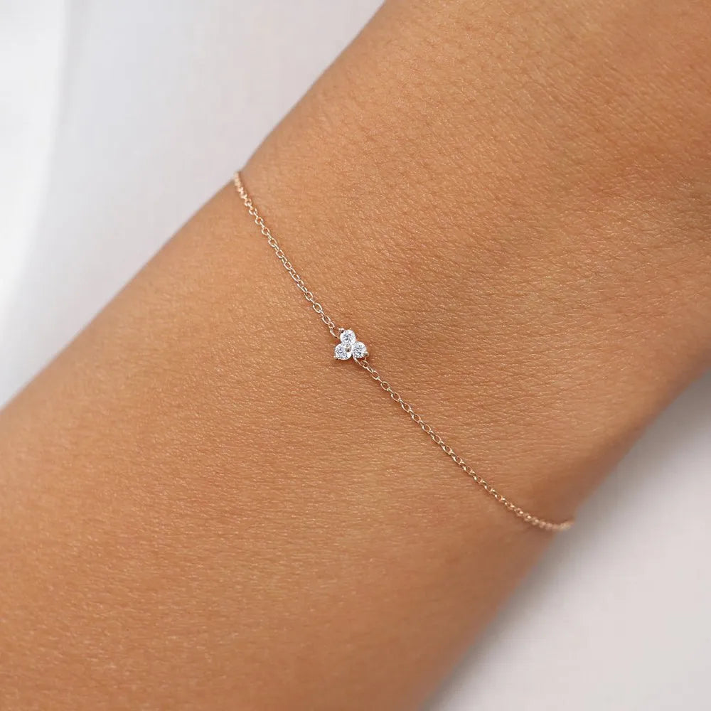 14K Solid Gold Round Diamond Three Stone Floating Triangle Bracelet Prong Setting 0.09 Carat