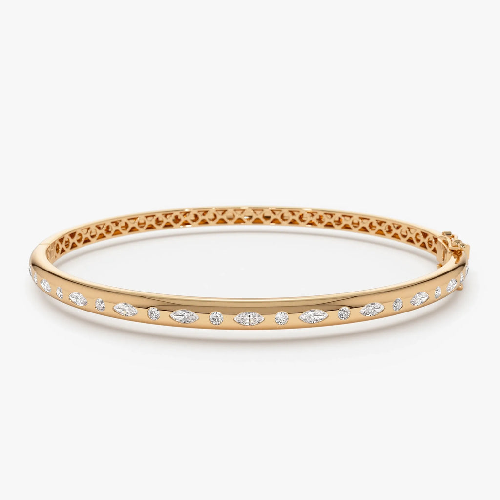 14K Solid Gold 0.65 CTW Marquise and Round Diamond Flush Setting Bangle