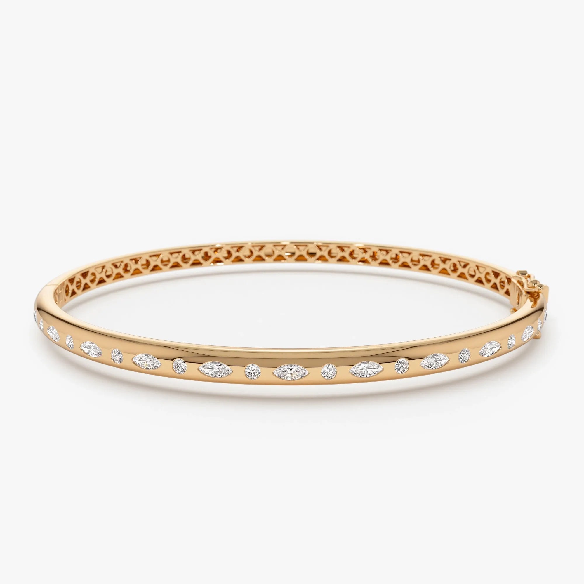 14K Solid Gold 0.65 CTW Marquise and Round Diamond Flush Setting Bangle