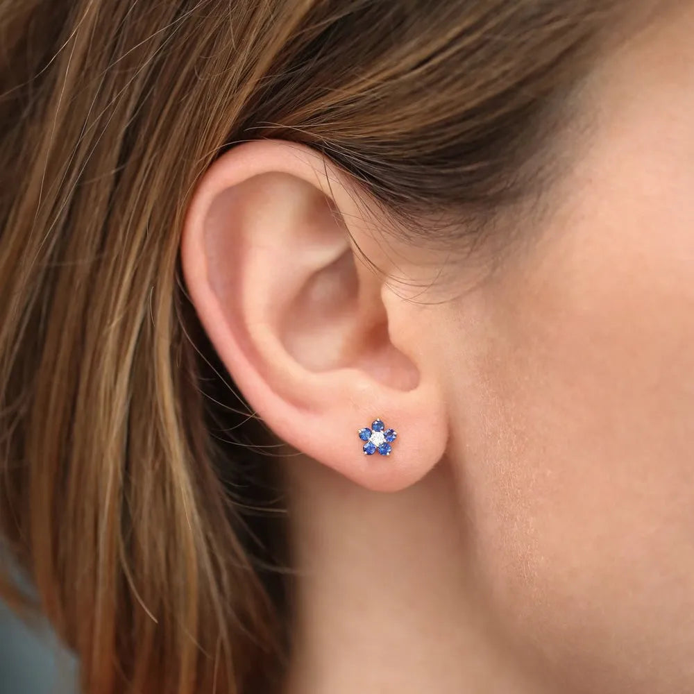 14k Solid Gold Blue Sapphire and Round Diamond Flower Stud Earrings 0.32 ctw