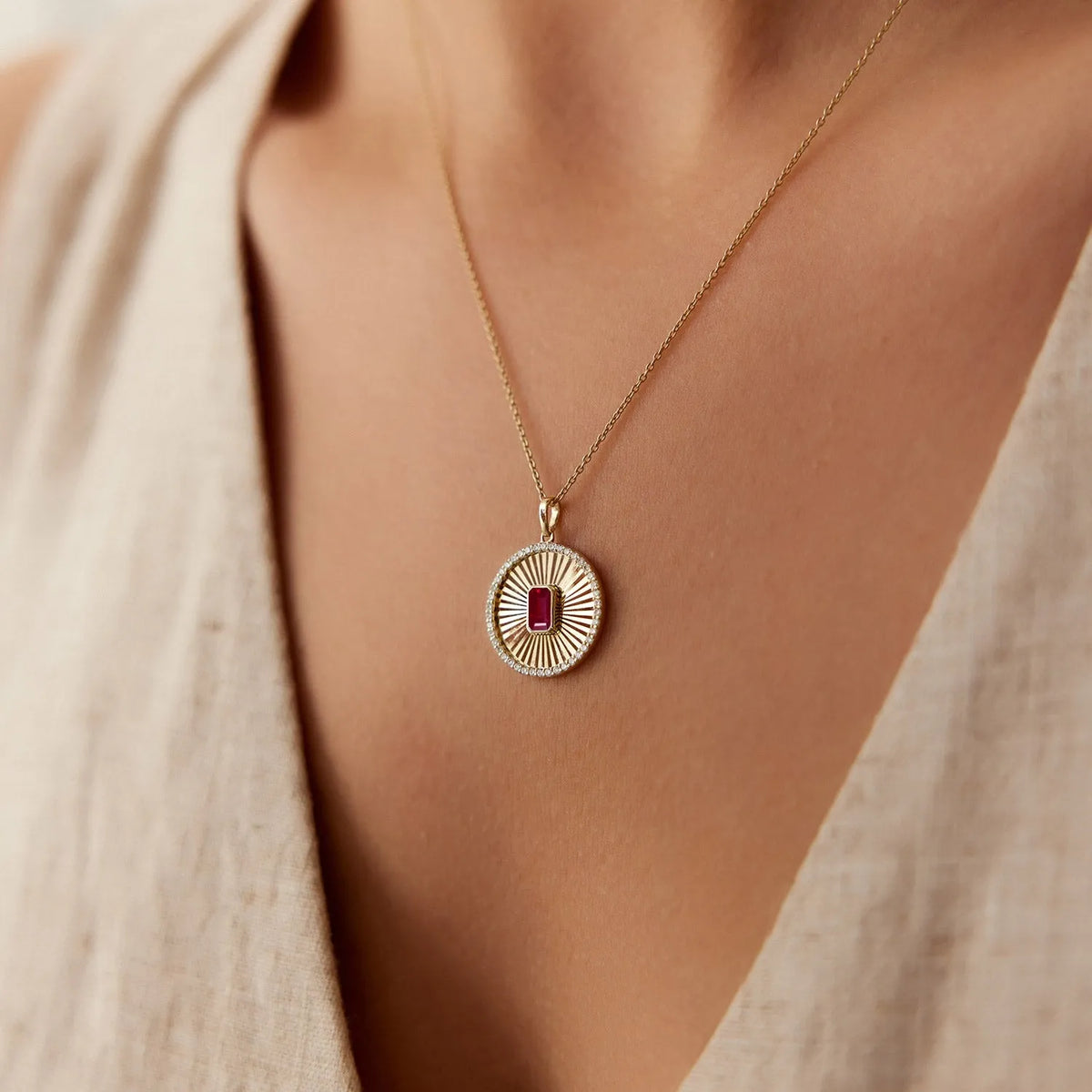 14k Solid Gold Ruby and Diamond Emerald Cut Medallion Disc Necklace 0.57 Carat