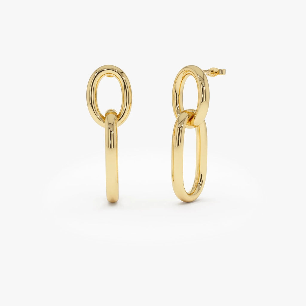 14k Yellow Gold Double Link Dangle Earrings Statement Drop Design 3mm Width
