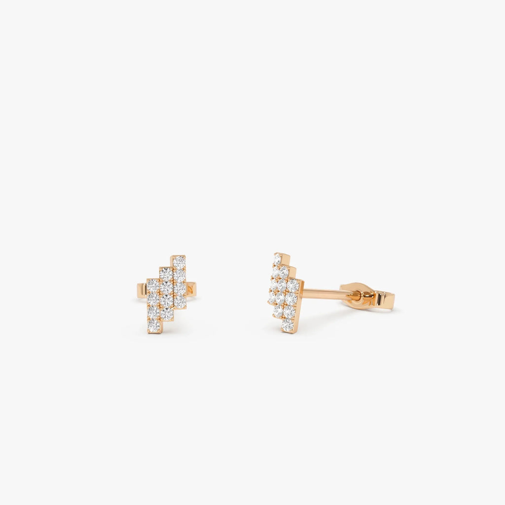 14k Gold Diamond Round Cut Step Design Geometric Stud Earrings 0.13 ctw
