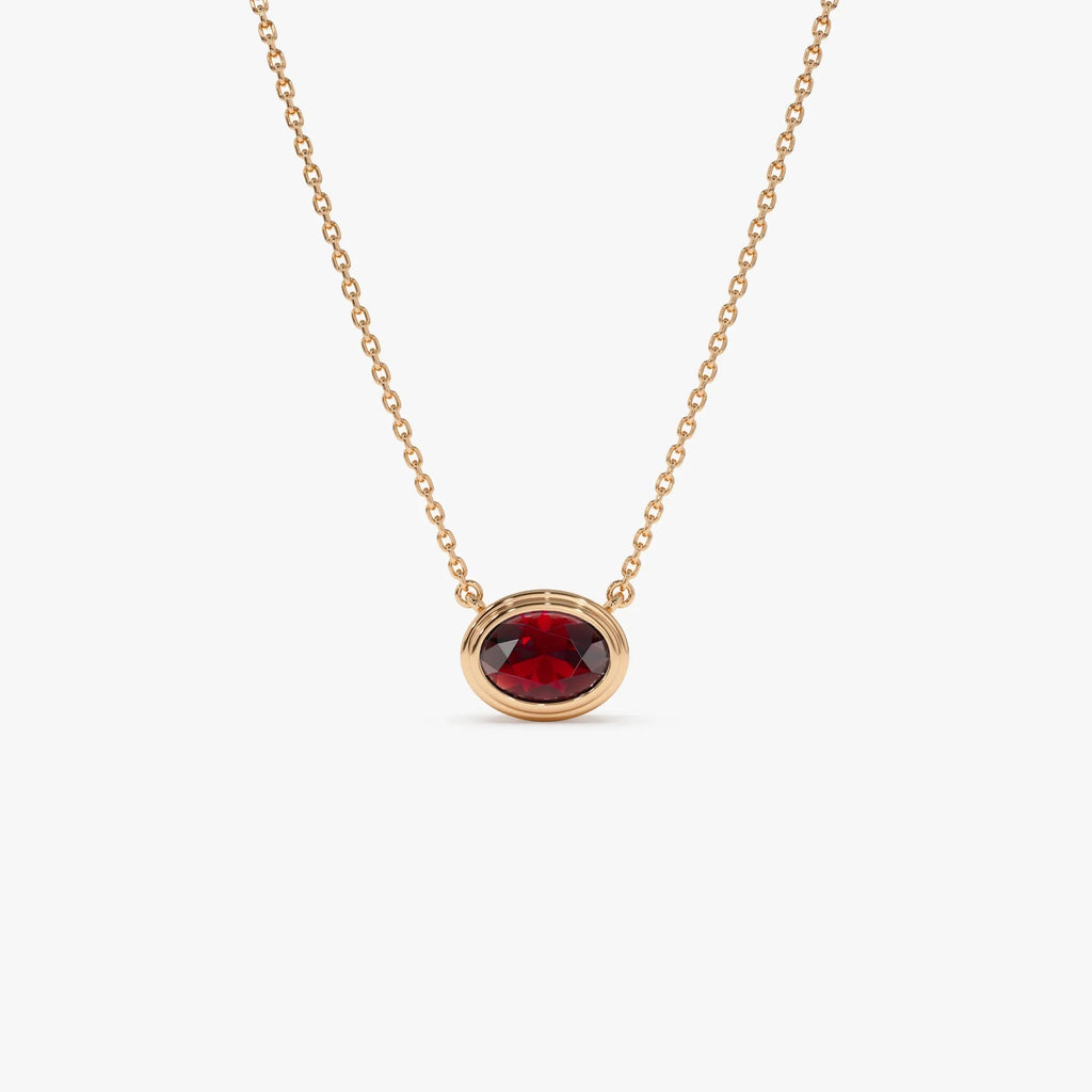 14k Solid Gold Garnet Oval Necklace 1.00 Carat Bezel Setting