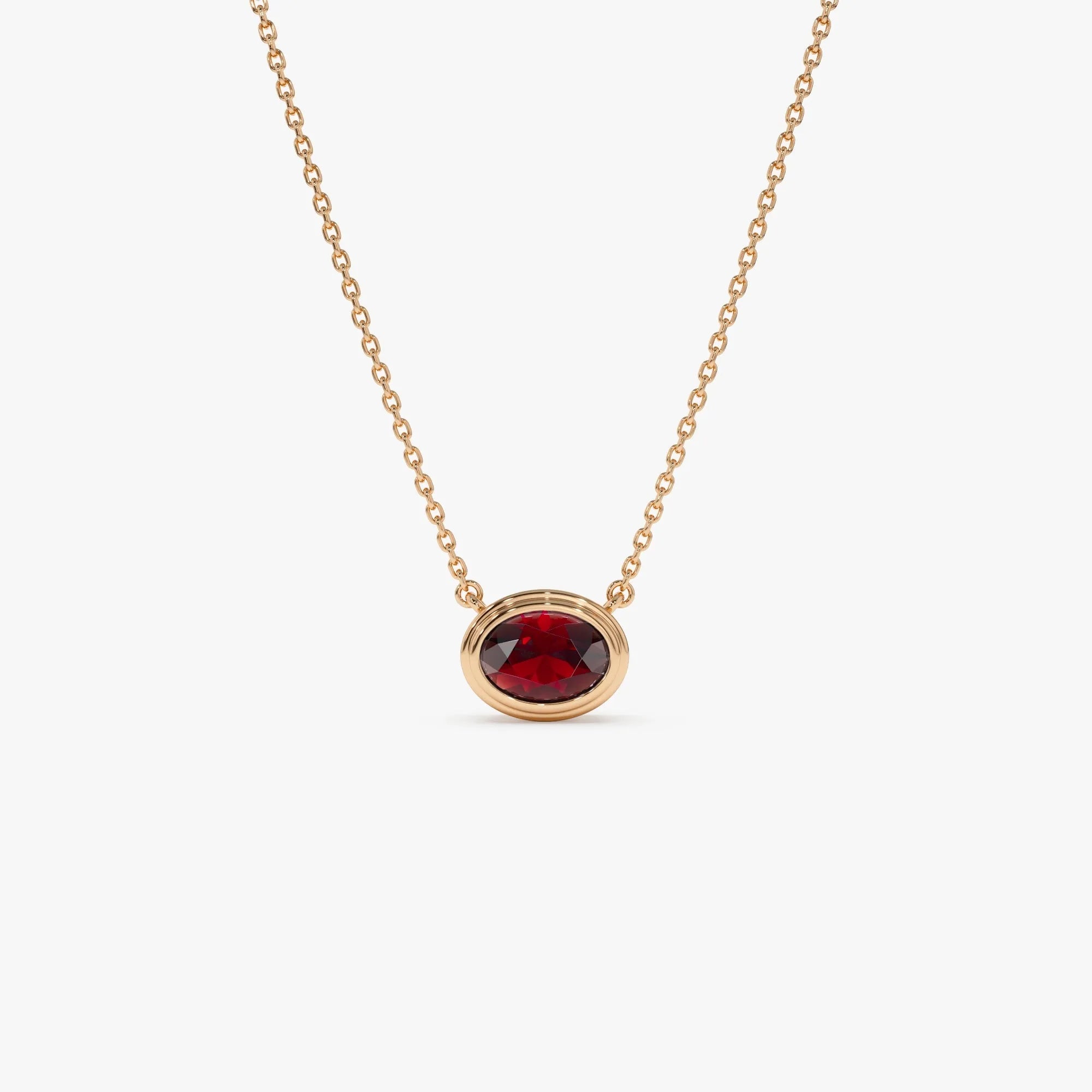 14k Solid Gold Garnet Oval Necklace 1.00 Carat Bezel Setting