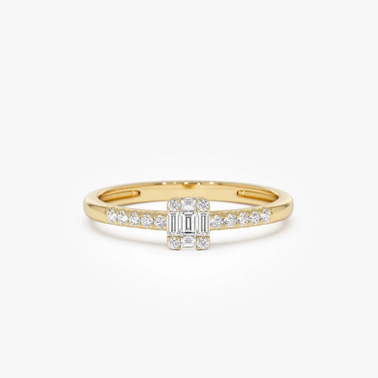 14k Gold 0.15 ctw Baguette and Round Diamond Cluster Stacking Pavé Band