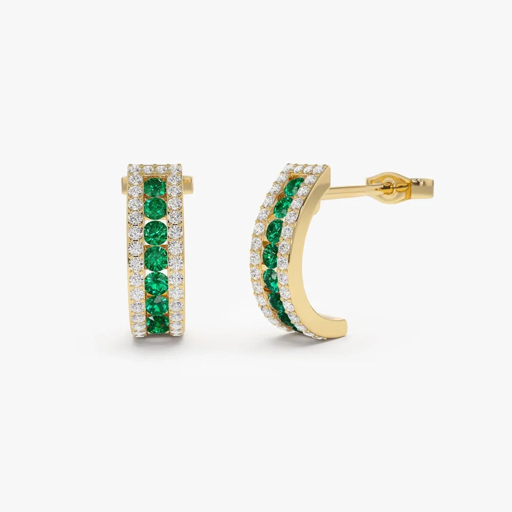 14k Solid Gold Round Emerald and Diamond Hoop Earrings 0.82 ctw