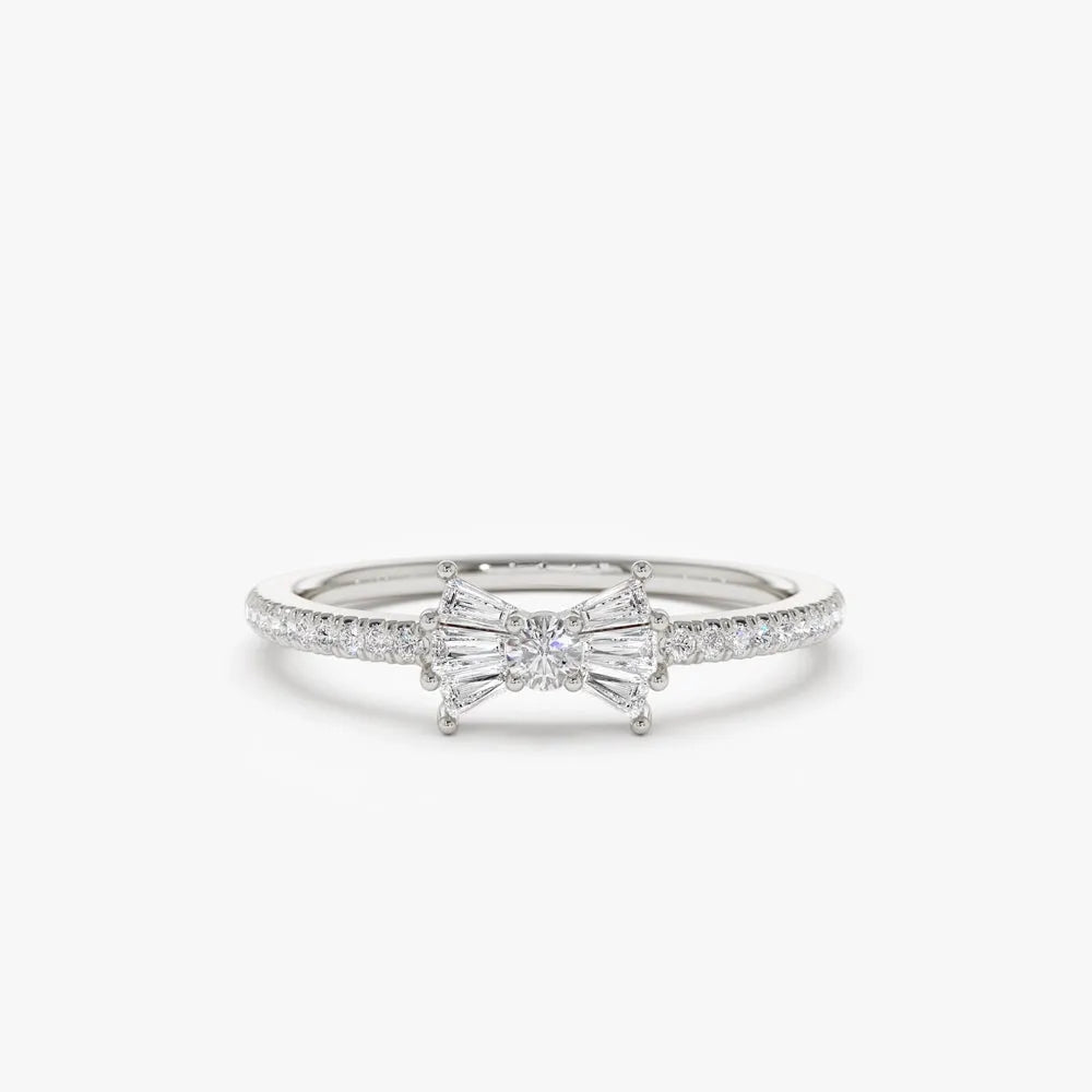 14k Gold 0.25 ctw Baguette and Round Diamond Bow Ring