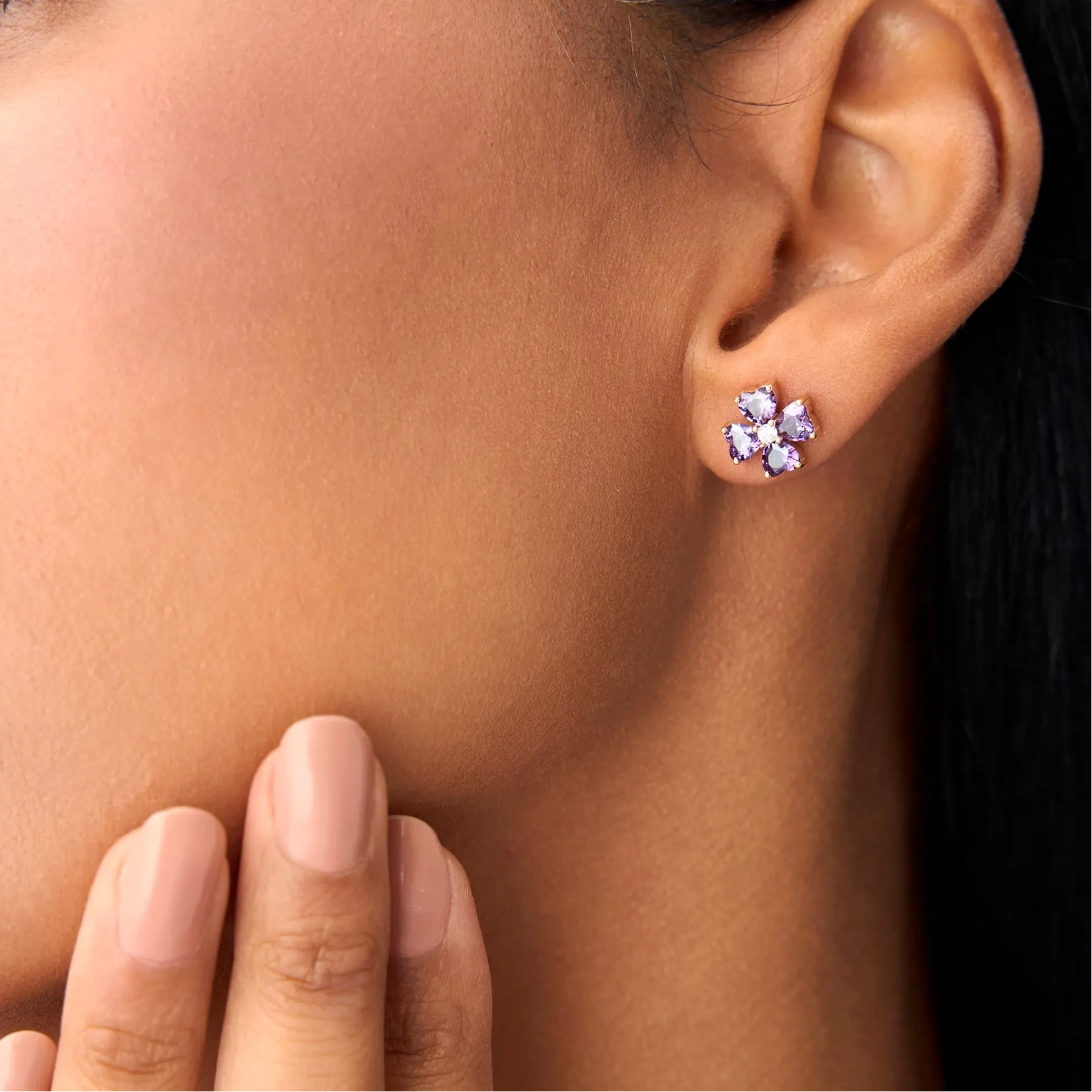 14K Solid Gold Heart Shaped Amethyst and Diamond Four Leaf Clover Stud Earrings