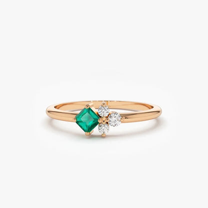 14K Solid Gold Princess Cut Emerald and Round Diamond Ring 0.14 CTW Handcrafted Jewelry