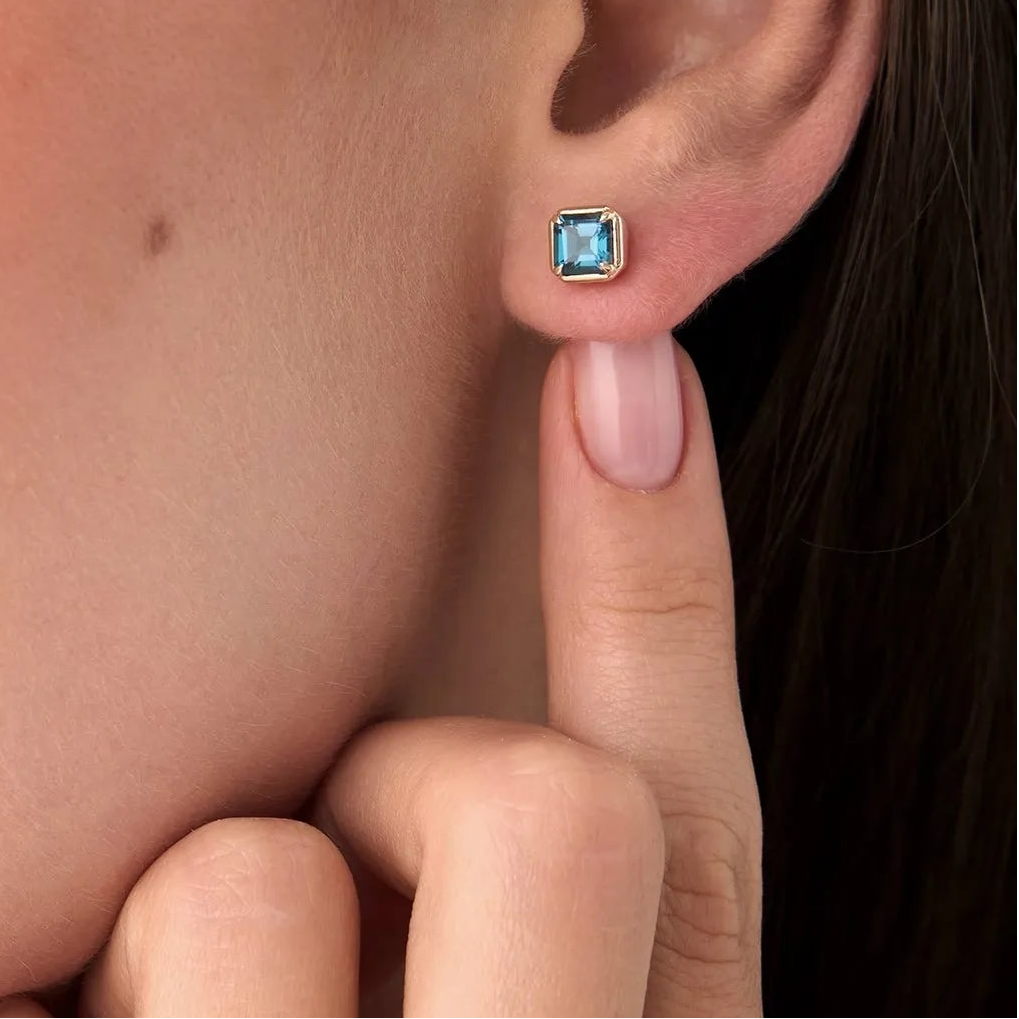 14K Solid Gold Asscher Cut London Blue Topaz Stud Earrings 1.60ctw