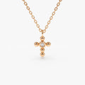 14K Solid Gold Round Diamond Tiny Ball Cross Pendant Necklace Bezel Set 0.03ctw