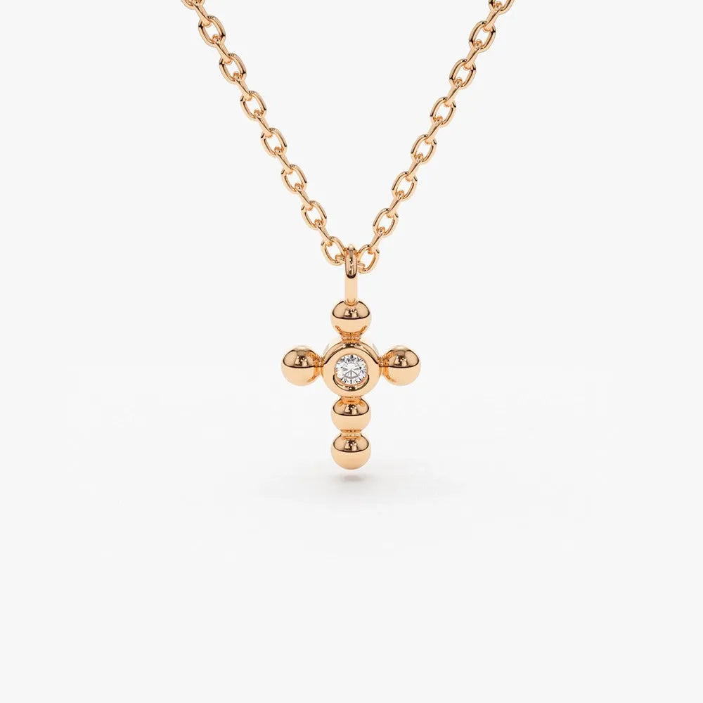 14K Solid Gold Round Diamond Tiny Ball Cross Pendant Necklace Bezel Set 0.03ctw