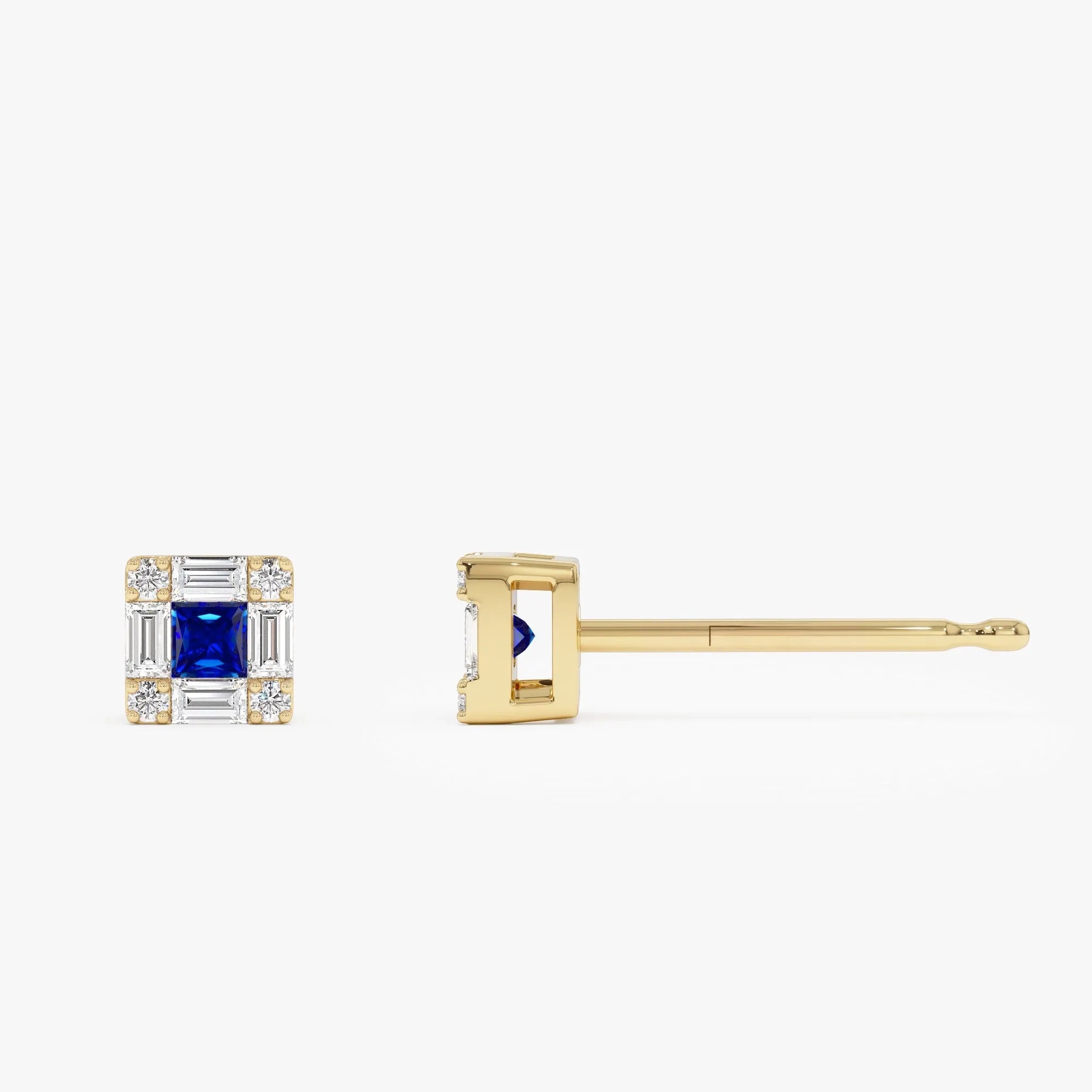 14k Solid Gold Princess Cut Blue Sapphire and Diamond Halo Stud Earrings 0.37 ctw