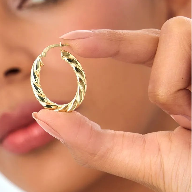 14k Yellow Gold Bold Twisted Oval Hoop Earrings 28mm 3.75mm Width