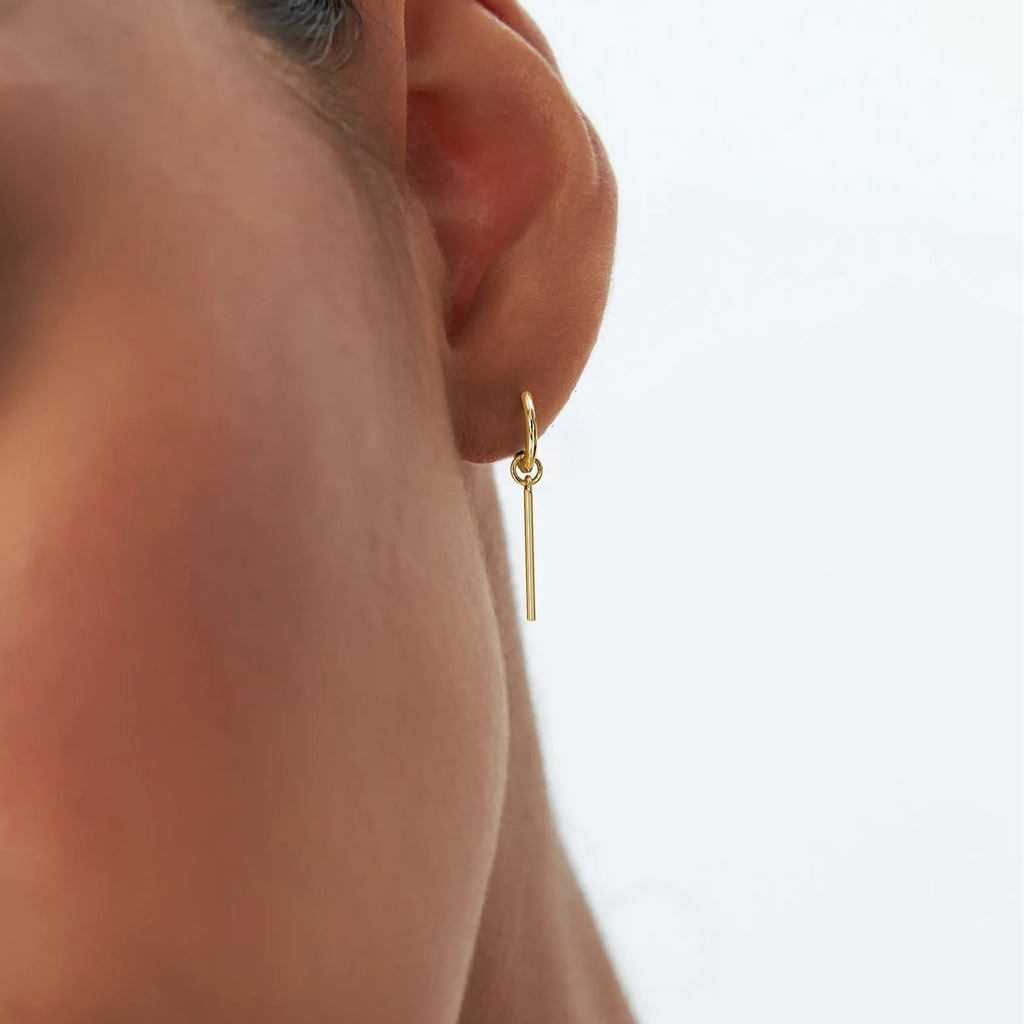 14k Solid Gold Minimalist Vertical Bar Hoop Earring Charm
