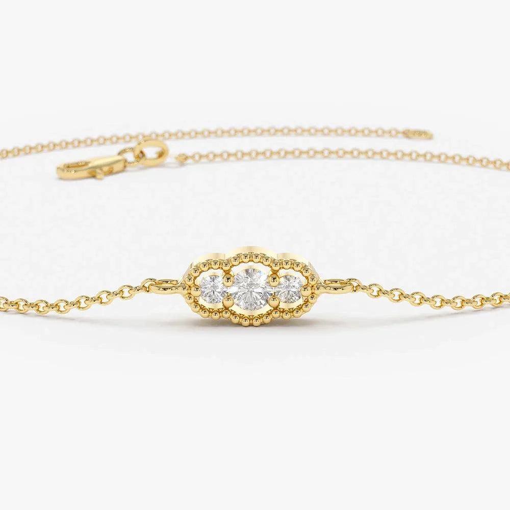 14K Solid Gold Round Diamond Art Deco Chain Bracelet Prong Setting 0.12 Carat