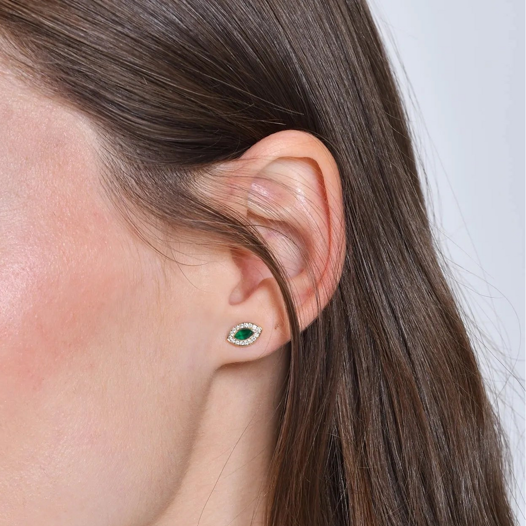 14k Solid Gold Marquise Emerald and Round Diamond Halo Stud Earrings 0.41 ctw