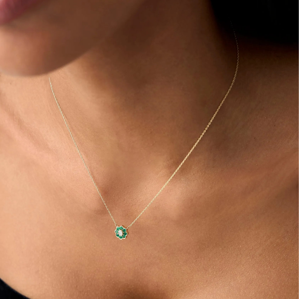 14k Solid Gold Round Emerald 0.25 CTW and Diamond 0.05 CTW Flower Bezel Setting Pendant Necklace