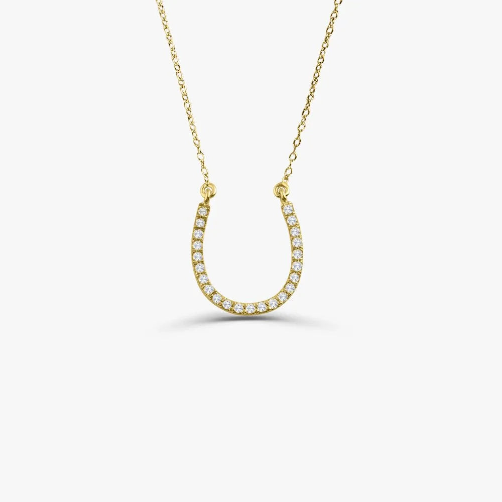 14K Solid Gold Round Diamond Large Horseshoe Pendant Necklace 0.18ctw