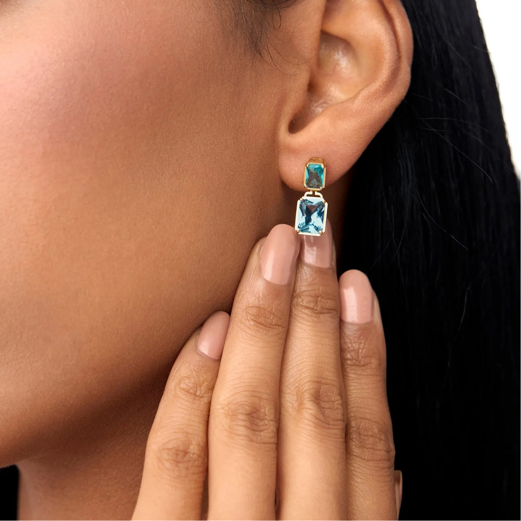 14K Solid Gold Octagon Cut London Blue Topaz Dangle Drop Earrings 3.9ctw