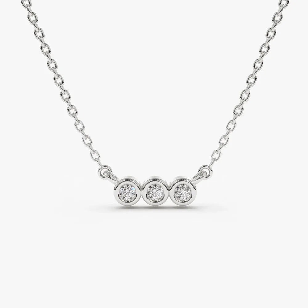 14K Solid Gold Round Diamond 3 Stone Horizontal Bezel Set Minimalist Necklace 0.10cttw