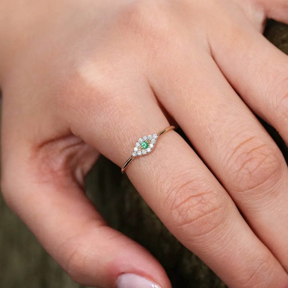 14K Solid Gold Round Emerald and Diamond Evil Eye Ring 0.17 CTW