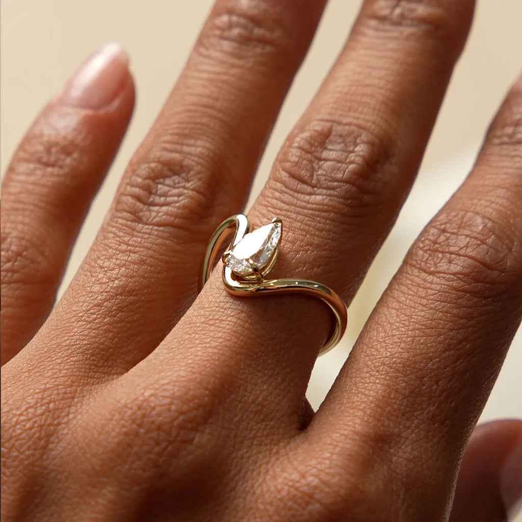 14k Gold 1.00 Carat Lab Grown Diamond Pear Cut Ring Modern Bypass Setting IGI Certified Sylene