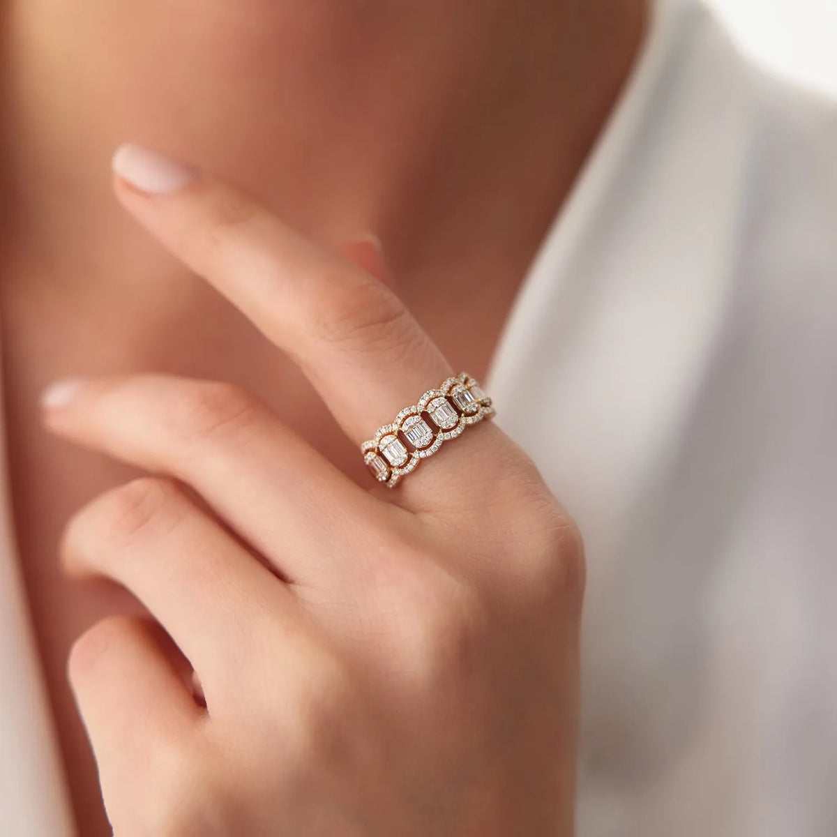 14k Gold Baguette Diamond 1.00ctw Halo Micro Pave Illusion Ring