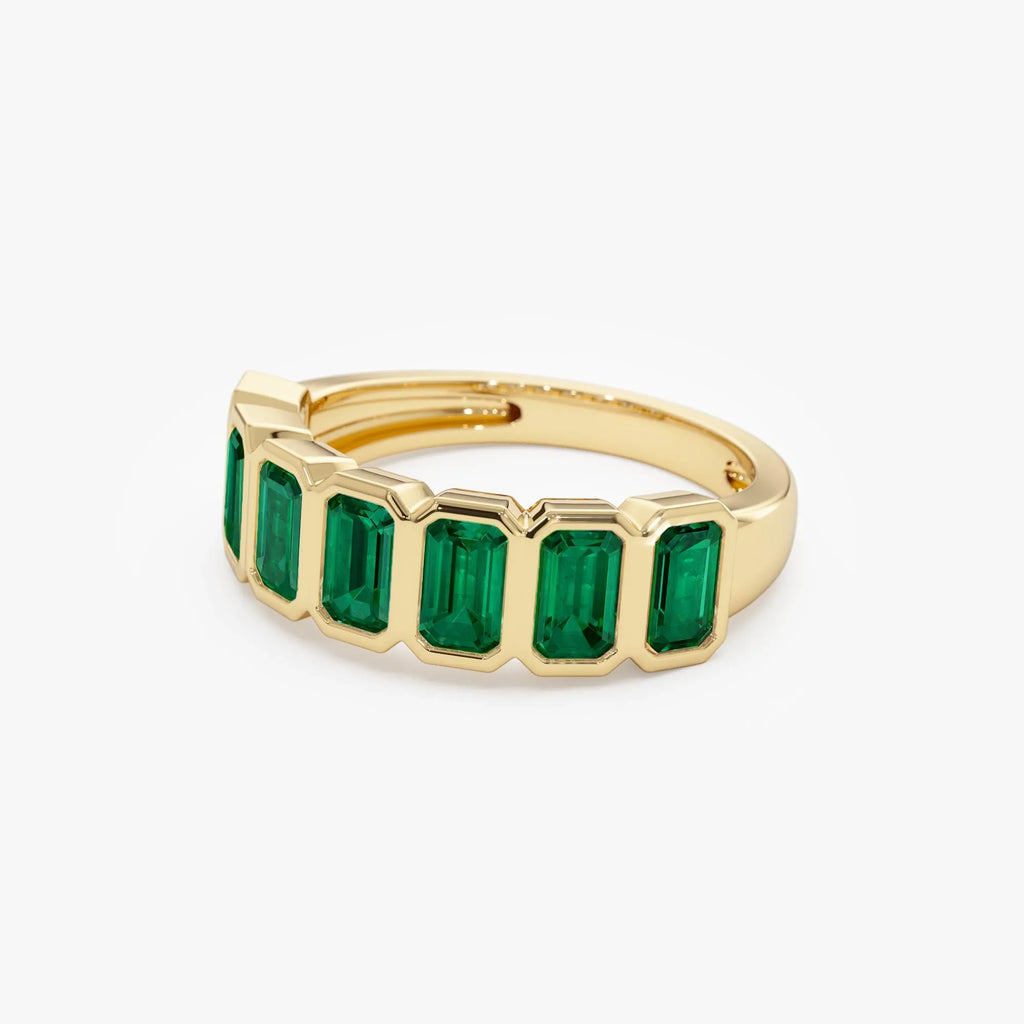 14K Solid Gold Octagon Emerald Seven Stone Bezel Set Ring 2.05 CTW
