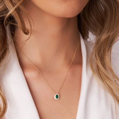 14k Solid Gold Oval Emerald 0.45 CTW and Baguette Diamond 0.20 CTW Halo Pendant Necklace