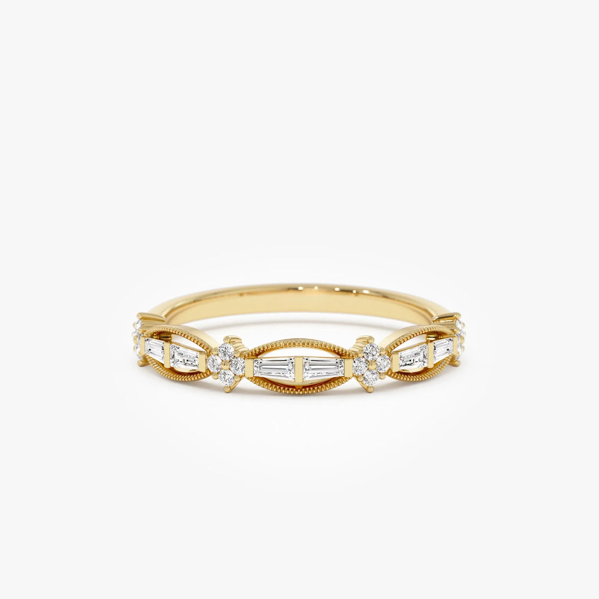14k Gold 0.18 CTW Baguette and Round Diamond Vintage Inspired Wedding Ring