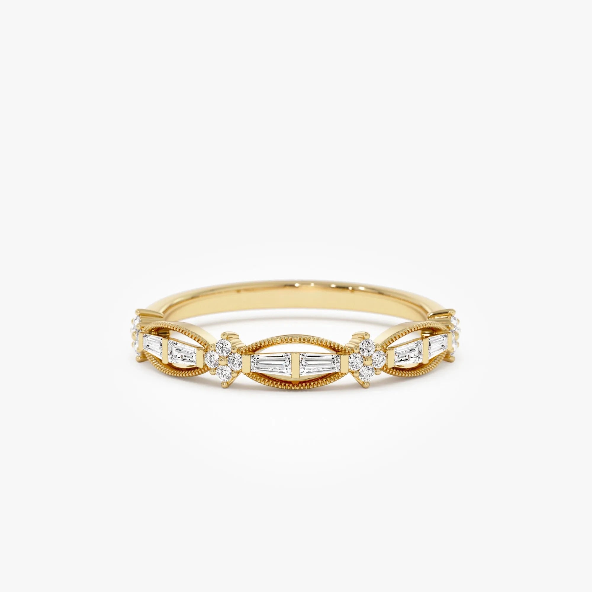 14k Gold 0.18 CTW Baguette and Round Diamond Vintage Inspired Wedding Ring