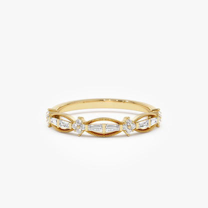 14k Gold 0.18 CTW Baguette and Round Diamond Vintage Inspired Wedding Ring