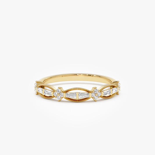 14k Gold 0.18 CTW Baguette and Round Diamond Vintage Inspired Wedding Ring