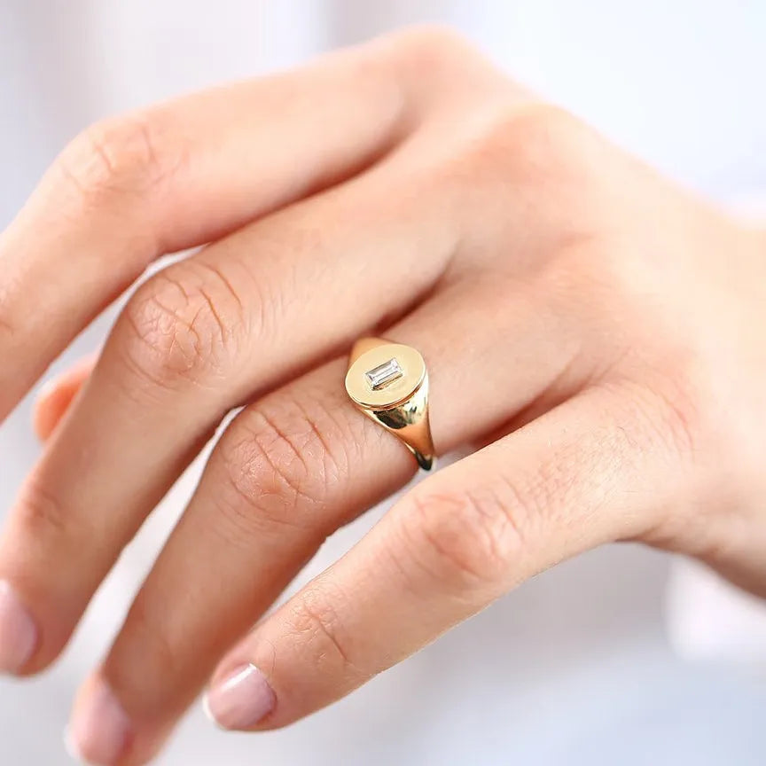 14K Gold Baguette Diamond Bezel Set Oval Signet Ring 0.13ctw