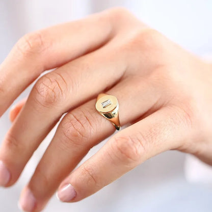 14K Gold Baguette Diamond Bezel Set Oval Signet Ring 0.13ctw