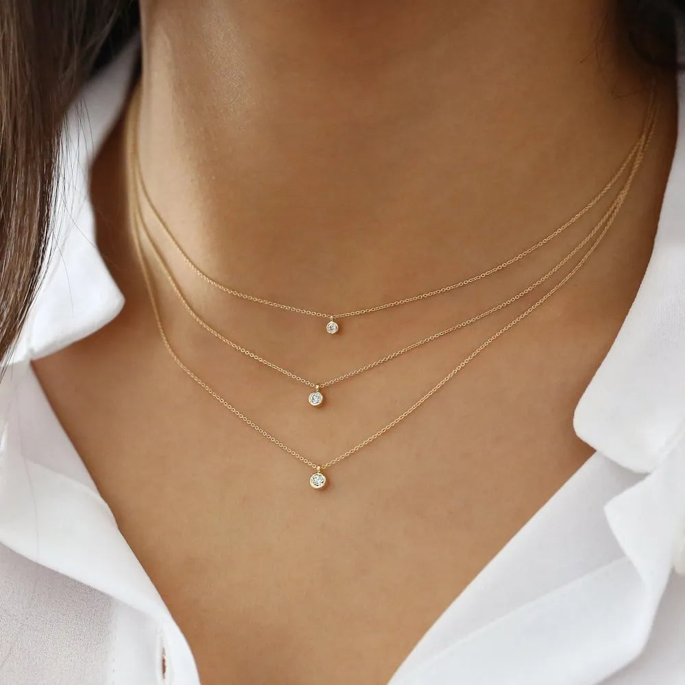 14k Solid Gold Round Diamond Solitaire Bezel Set Pendant Necklace