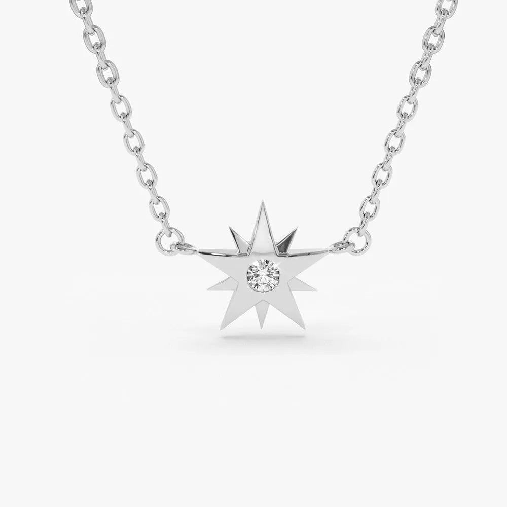 14K Solid Gold Round Diamond Star Pendant Necklace Burnish Setting 0.03ctw