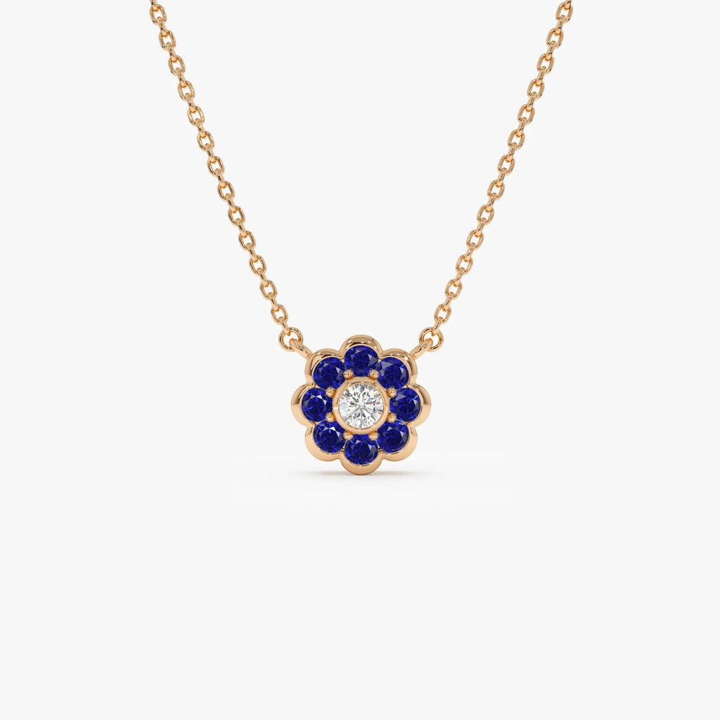 14k Solid Gold Round Sapphire 0.30 CTW and Diamond 0.05 CTW Flower Bezel Setting Necklace