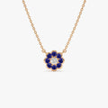 14k Solid Gold Round Sapphire 0.30 CTW and Diamond 0.05 CTW Flower Bezel Setting Necklace