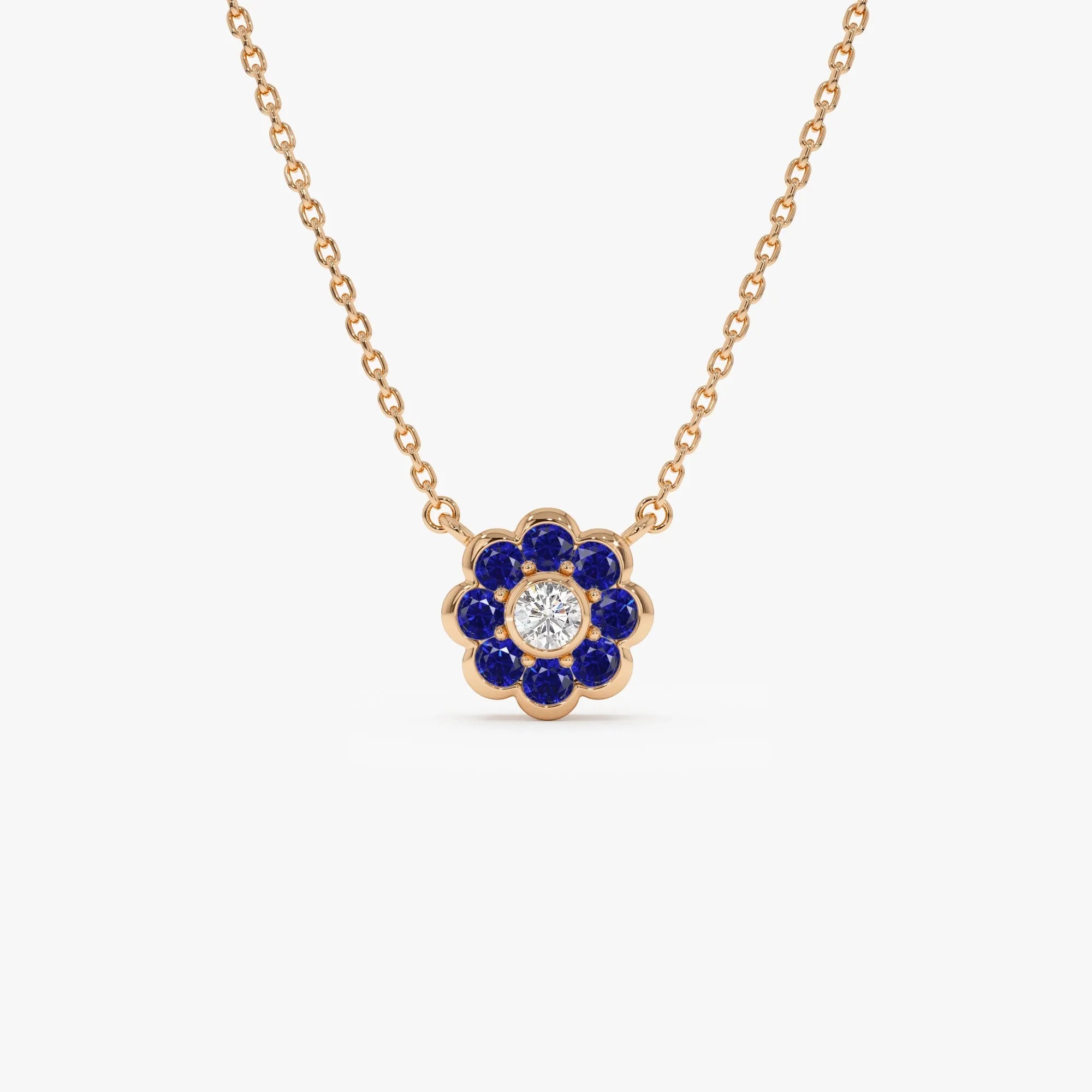 14k Solid Gold Round Sapphire 0.30 CTW and Diamond 0.05 CTW Flower Bezel Setting Necklace