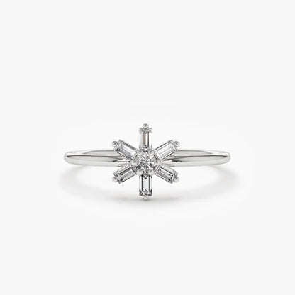 14K Gold Baguette and Round Diamond Flower Ring 0.28 CTW
