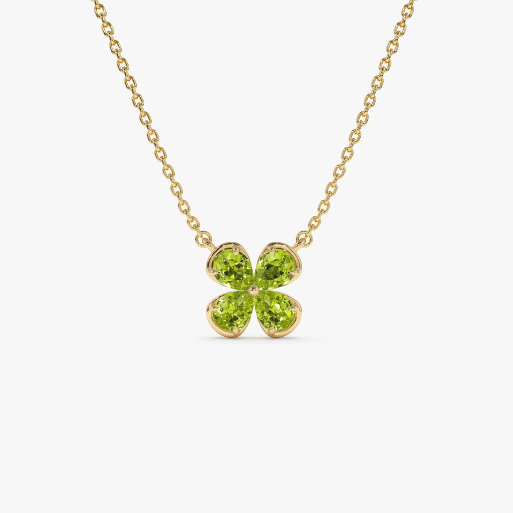 14k Solid Gold Pear Shaped Peridot Four Leaf Clover Necklace 0.70 Carat