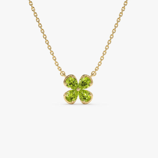 14k Solid Gold Pear Shaped Peridot Four Leaf Clover Necklace 0.70 Carat