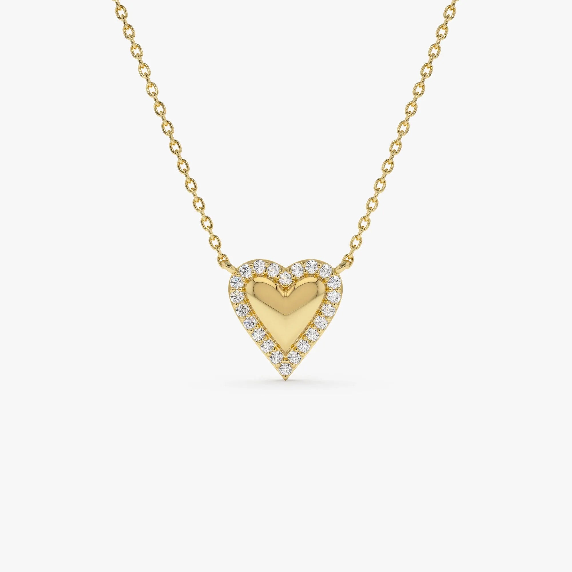 14K Solid Gold 0.12 CTW Round Diamond Puffed Heart Love Necklace