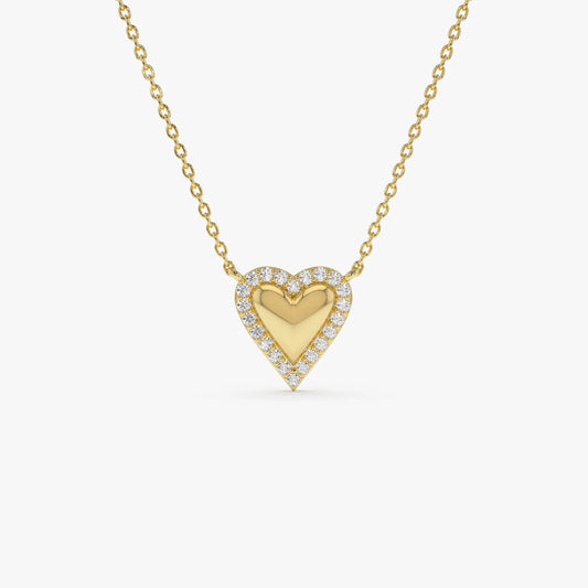 14K Solid Gold 0.12 CTW Round Diamond Puffed Heart Love Necklace